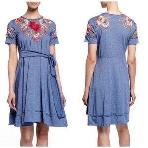 Johnny Was Burke Knit T-Shirt Dress Boho Floral Embroidered Medium Festival $250